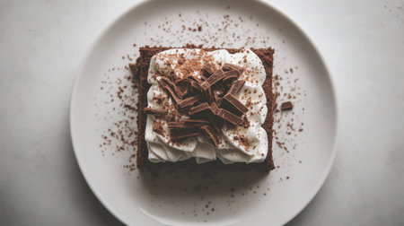 A captivating slice of chocolate cake sits on a white plate, adorned with fluffy whipped cream and intricate chocolate shavings, perfect for dessert lovers.の素材