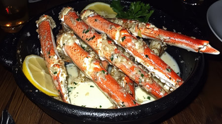 A delightful arrangement of freshly cooked crab legs served in a creamy sauce, complemented by lemon wedges. Perfect for seafood lovers.の素材