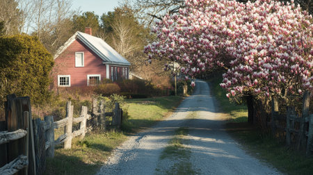 This enchanting rural landscape captures a pink farmhouse nestled alongside a gravel road, framed by a magnificent blooming magnolia tree in beautiful springtime.の素材
