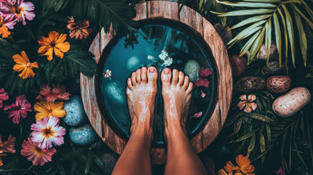 This captivating image showcases a serene spa experience with bare feet resting in a bowl of water surrounded by vibrant flowers and natural elements, promoting relaxation and tranquility.の素材