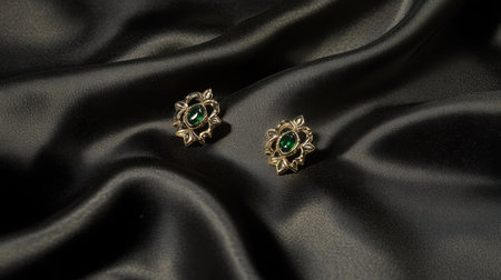 Discover these elegant green gemstone earrings featuring an intricate floral design, perfectly displayed on luxurious black satin fabric, ideal for any occasion.の素材