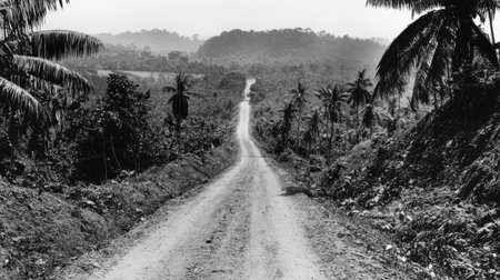 A tranquil scene featuring a winding dirt road that meanders through a lush tropical forest. Captured in monochrome, this image conveys a sense of adventure and serenity.の素材