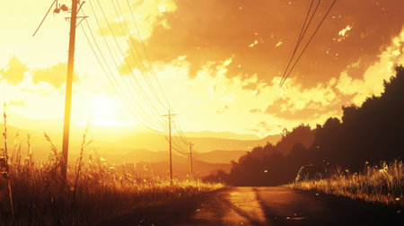 A picturesque country road leads into a stunning sunset, with warm colors illuminating the sky and soft silhouettes of trees creating a serene atmosphere.の素材