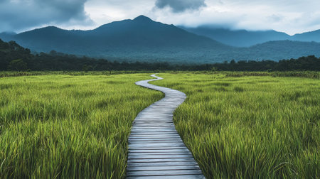 A winding wooden pathway leads through a vibrant green grassland, framed by majestic mountains and a dramatic cloudy sky, evoking tranquility and adventure.の素材