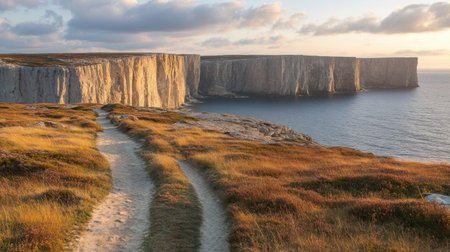 A picturesque coastal pathway leads to towering cliffs at sunset, surrounded by golden grass and tranquil waters, perfect for travelers seeking natural beauty.の素材