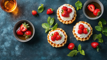 A stunning arrangement of fresh strawberry tarts topped with whipped cream and mint leaves, beautifully presented on a blue surface, perfect for culinary inspiration.の素材