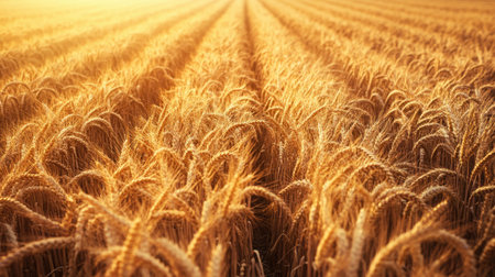 A breathtaking view of a golden wheat field basking in the warm glow of sunset, showcasing nature's beauty and the tranquility of rural life.の素材