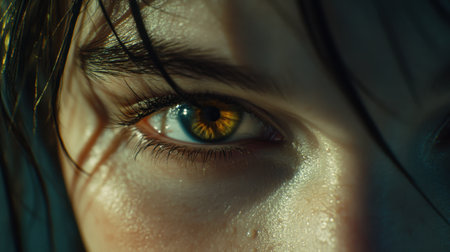 This striking close-up image captures a single eye with an extraordinary blend of colors, showcasing intricate details and texture under soft lighting.の素材