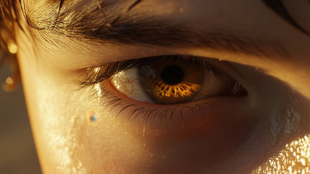 This close-up image showcases a captivating eye, revealing intricate details of the iris and pupil while reflecting light in a serene, natural environment.の素材