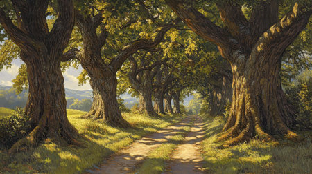 A picturesque pathway meanders through a grove of majestic trees, illuminated by warm sunlight that enhances the natural beauty of the serene landscape.の素材
