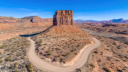 Explore a breathtaking desert landscape showcasing a striking rock formation surrounded by vast terrain and a winding road. The clear blue sky enhances the scenery.の素材