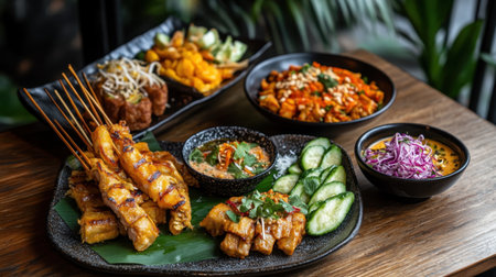 This vibrant platter showcases a delightful assortment of Asian cuisine featuring grilled meat skewers, fresh vegetables, and various dipping sauces, perfect for food lovers.の素材