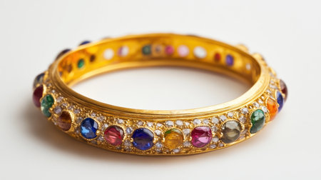 A stunning gold bangle adorned with a vibrant array of gemstones, showcasing intricate craftsmanship and timeless elegance. Ideal for fashion lovers!の素材