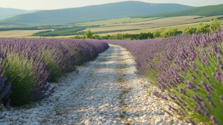 A picturesque pathway meanders through a vibrant lavender field under a clear blue sky. This serene landscape captures the beauty of nature with blooming flowers, inviting relaxation and tranquility. The rolling hills in the background enhance the scenic view, perfect for agricultural or outdoor themes.の素材