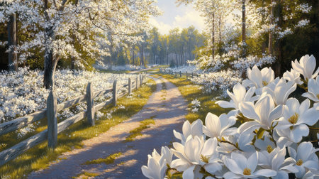 A tranquil country pathway meanders through a beautiful landscape filled with blooming white flowers and lush greenery, bathed in the gentle morning light.の素材