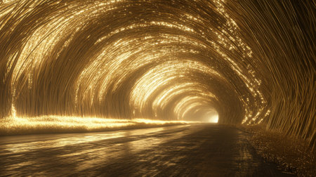 A mesmerizing illuminated tunnel showcases glowing light trails that create a captivating pathway through darkness, evoking feelings of mystery and wonder.の素材