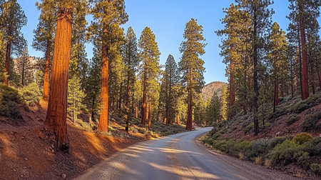 A picturesque dirt road meanders through a lush green forest filled with majestic redwood trees, complemented by warm sunlight creating a serene atmosphere.の素材