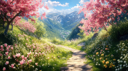 A breathtaking view of a serene pathway surrounded by blooming trees and majestic mountains in a vibrant spring landscape. Perfect for nature lovers.の素材
