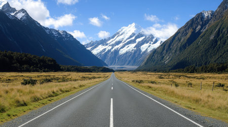Captivating view of an open road stretching through stunning mountains in New Zealand, characterized by snow-capped peaks and vibrant greenery.の素材