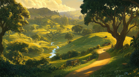 Explore a tranquil nature landscape featuring lush green hills and a gentle stream, illuminated by warm golden hour light, perfect for relaxation.の素材