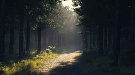 A calm forest scene featuring a winding path illuminated by soft morning sunlight, surrounded by towering trees and lush greenery, inviting tranquility.の素材