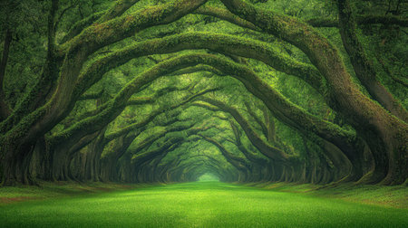 A captivating view of a serene forest pathway surrounded by towering green trees. The lush foliage creates a tranquil atmosphere filled with natural beauty.の素材