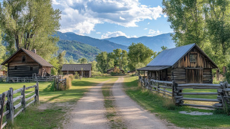Tranquil rural landscape featuring historical wooden cabins set against stunning mountains, perfect for travel, nature, and heritage themes.の素材