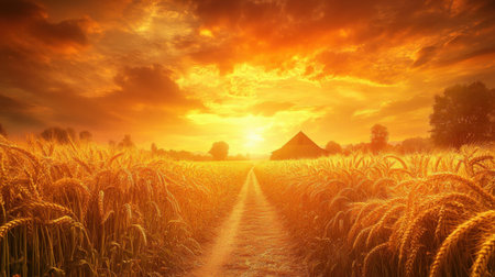 A stunning golden wheat field stretches towards a dramatic sunset, featuring a silhouetted barn and a pathway, embodying rural tranquility and natural beauty.の素材