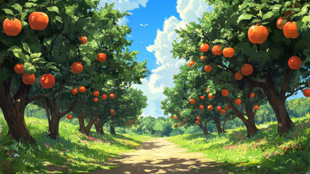 Vibrant orange orchard in full bloom with lush trees lining a serene path, showcasing nature's bounty under a bright blue sky and fluffy white clouds.の素材