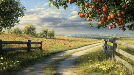 A picturesque countryside pathway lined with apple trees and wildflowers creates a serene environment for relaxation and exploration. The vibrant landscape is enhanced by a beautiful sky, inviting viewers to connect with nature.の素材