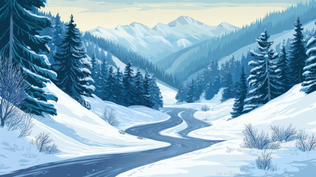 A stunning winter landscape featuring a winding river amidst snow-covered mountains. Lush pine trees dot the serene scene, inviting tranquility and exploration.の素材