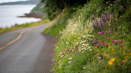 A stunning coastal road lined with vibrant wildflowers and lush greenery, creating a picturesque scene of tranquility and natural beauty. Perfect for travel themes.の素材