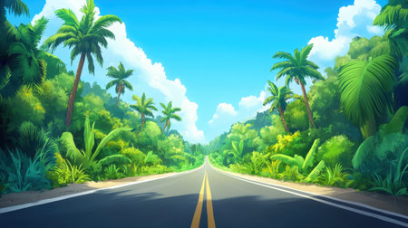 A picturesque road stretches into a vibrant tropical landscape filled with lush palm trees and thriving greenery under a bright blue sky.の素材