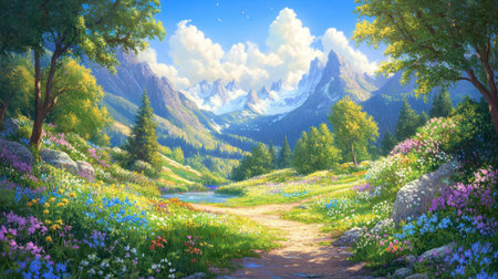 Captivating mountain landscape featuring a vibrant array of wildflowers along a peaceful stream, framed by majestic peaks under a clear sky, inviting exploration.の素材