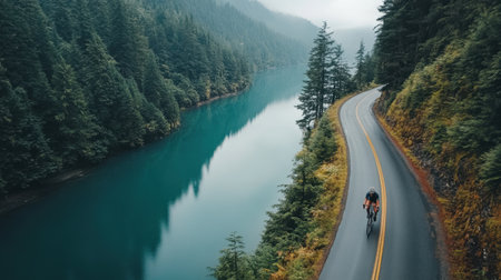 A cyclist enjoys a peaceful ride along a scenic road beside a tranquil lake, surrounded by lush forests and misty mountains, showcasing nature's beauty.の素材