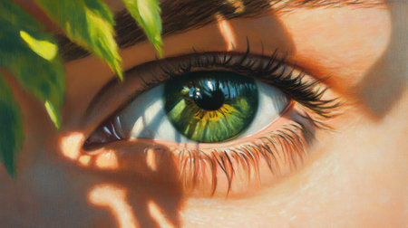 This stunning close-up image showcases a human eye with captivating green hues, detailed lashes, and natural leaves casting soft shadows, evoking a serene connection with nature.の素材