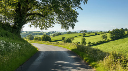A beautiful country road lined with lush greenery, leading through vibrant fields under a clear blue sky. Perfect for scenic drives and nature lovers.の素材