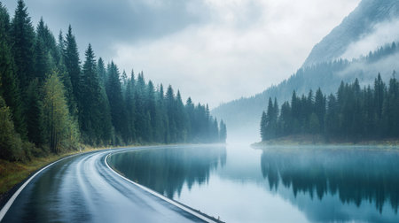 This captivating image showcases a winding road skirting a tranquil lake, enveloped by dense pine forests and towering mountains, under a moody sky.の素材