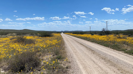 A scenic dirt road meanders through a breathtaking landscape of vibrant wildflowers under a radiant blue sky, inviting exploration and tranquility.の素材