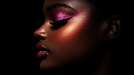This captivating image showcases a woman's profile featuring bold makeup, dramatic eyeliner, and a radiant skin glow, capturing artistic beauty and elegance.の素材