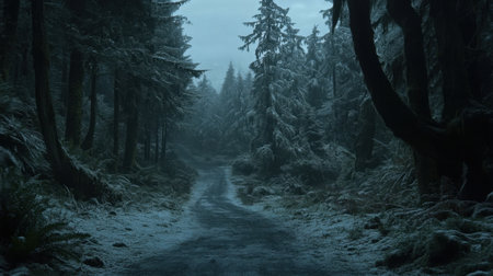Explore a tranquil winter forest pathway blanketed in soft snow, surrounded by snow-covered trees and enveloped in gentle fog, creating a serene atmosphere.の素材