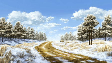 A picturesque winter trail surrounded by snow-covered trees under a bright blue sky with soft, fluffy clouds. Ideal for nature lovers and travelers.の素材