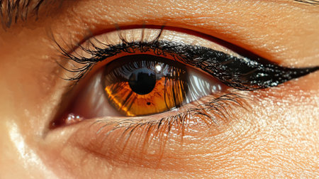 This stunning close-up image captures a remarkable eye with a vivid orange iris and elegantly applied eyeliner, showcasing beauty and artistic flair.の素材