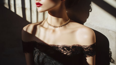 This stunning portrait features a woman wearing a delicate lace dress and exquisite gold jewelry. The interplay of light and shadows creates a captivating atmosphere, highlighting her elegance and grace.の素材