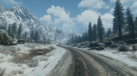 A captivating winter scene featuring a snow-covered mountain road surrounded by majestic peaks and trees under a cloudy sky, perfect for travel themes.の素材