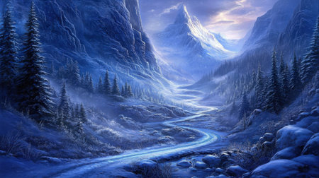 This enchanting winter landscape features majestic mountains and a winding river, surrounded by snow-covered trees, under a serene night sky.の素材