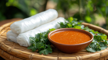 Experience a delightful arrangement of freshly made rice rolls accompanied by a spicy dipping sauce and aromatic herbs, enhancing the culinary experience.の素材