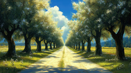 Explore a stunning tree-lined pathway bathed in sunlight, leading into a serene landscape filled with vibrant greenery and fluffy clouds.の素材