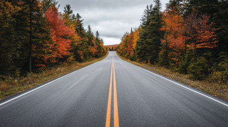 A picturesque road surrounded by a stunning display of autumn colors, featuring vibrant red and orange trees that create a serene atmosphere.の素材