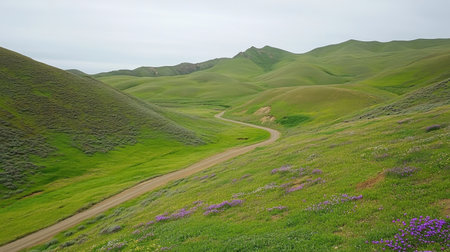 This image captures a tranquil green landscape with rolling hills, a winding dirt path, and vibrant wildflowers under a soft, cloudy sky, perfect for nature themes.の素材